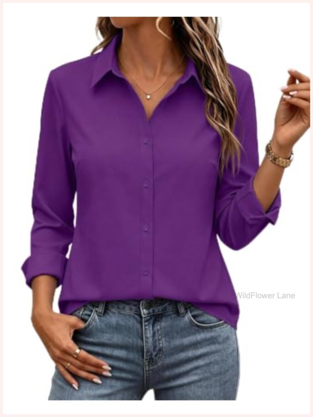 Wrinkle-Resistant Button Down Blouse Long Sleeve Office Casual Top